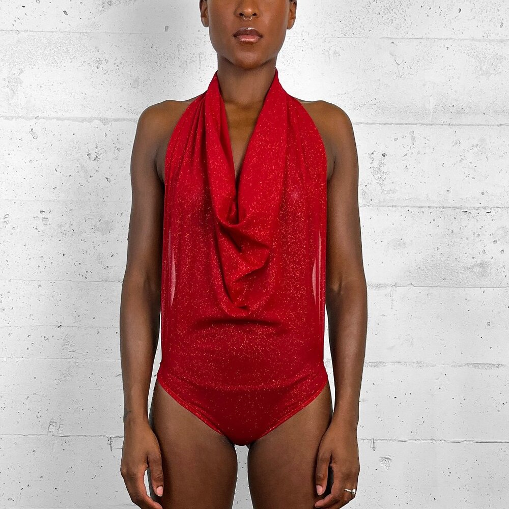 Sheer Glitter Cowl Neck Bodysuit - RED GLITTER
